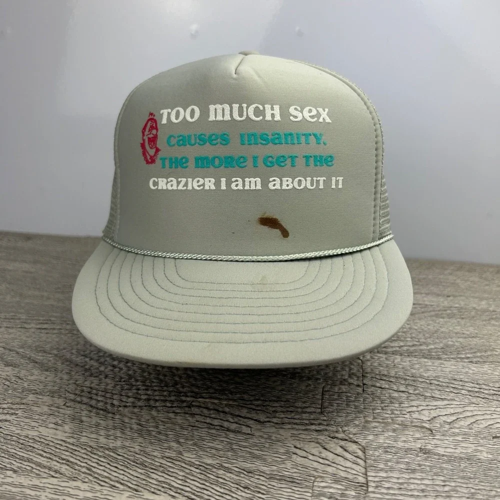Vintage 90s Too Much Sex Trucker Hat Cap Snap Back Adjustable Gray Funny Parody